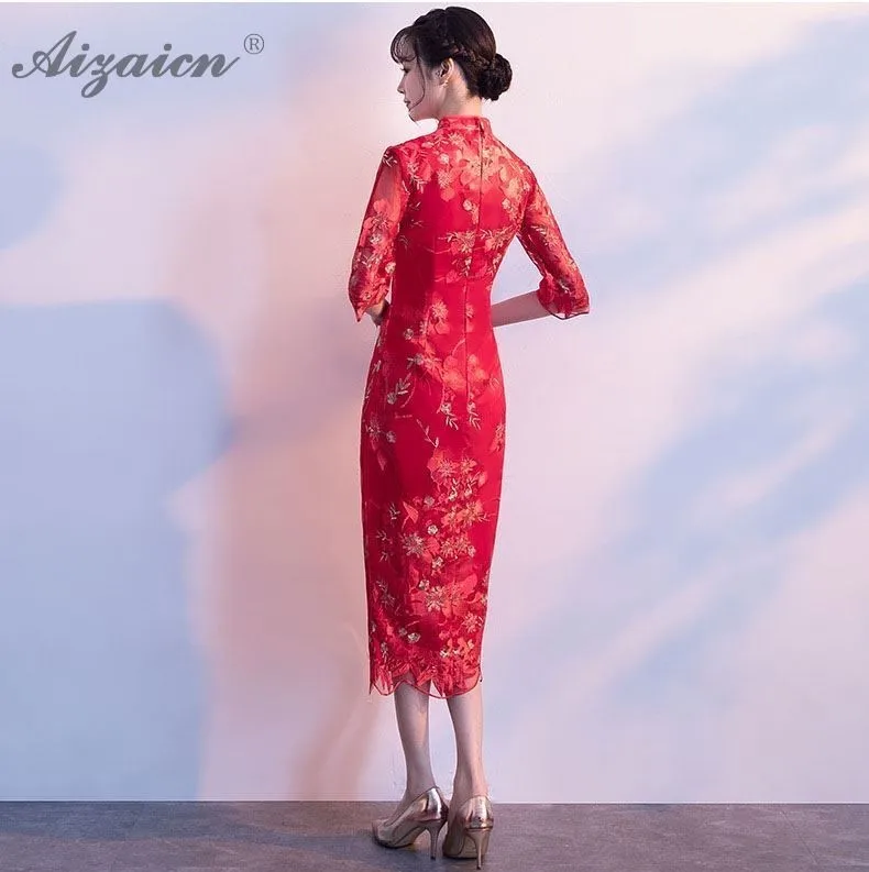 Мода невесты вышивка Cheongsam Красная цена платья Современный оригинальный Femme длинное вечернее Qi Pao китайское свадебное платье халат Ципао