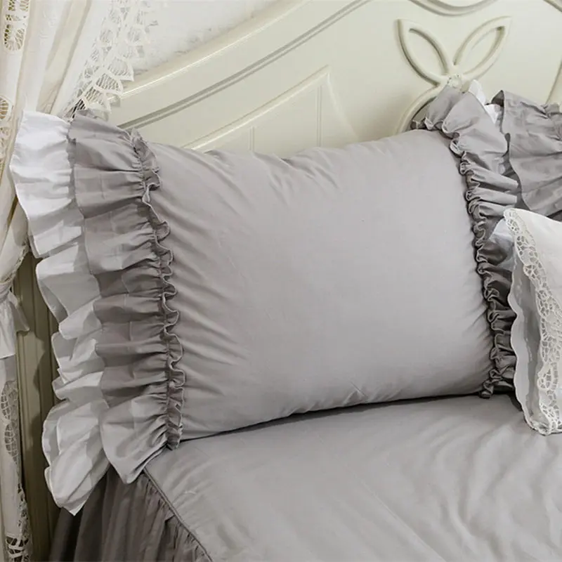 2Pcs Handmade Luxury Grey Ruffle Lace Pillowcase - Premium Quality 100% Cotton Bedding Pillow Cases