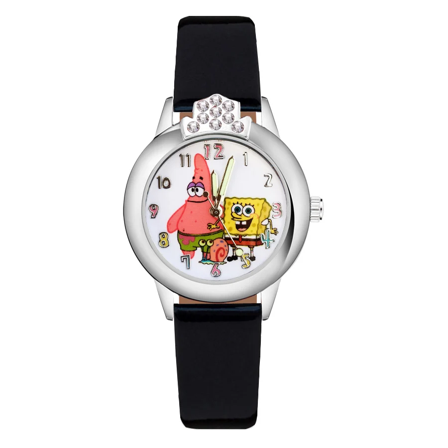 

Cartoon Cute SpongeBob Crystal style Children's Watches Kids Student Girls Boys Quartz Leather strap Wrist Watch JK136