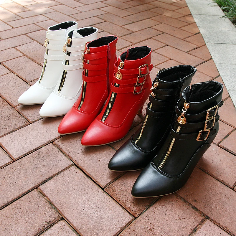 Meotina/обувь женские ботинки осенние ботильоны на высоком каблуке женские ботинки с острым носком и пряжкой Дамская обувь на молнии белый цвет, большие размеры 44, 45, 11