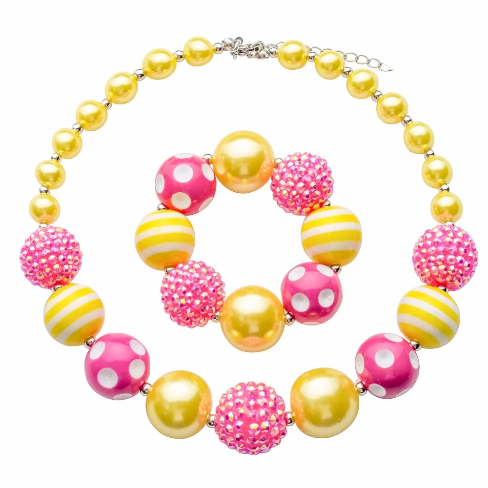 

Stripes Stars Bubblegum Yellow + Pink Beads Children's Necklace Baby Kid Chunky Necklace Girl Chunky Princess Jewelry