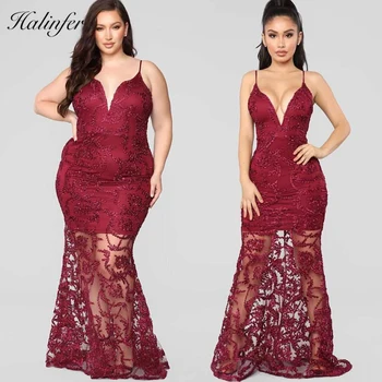 

Halinfer 2018 New Autumn women dress sexy bodycon Lace V-Neck Mesh Trumpet Rayon Bandage dress celebrity party dress vestidos