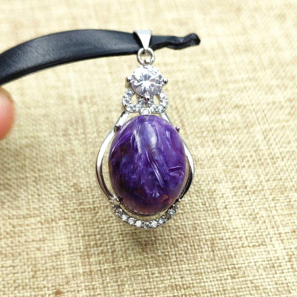

Genuine Natural Charoite Purple Gemstone Charm Pendant Crystal 28x16mm Beads Oval Silve Plated Woman Man Healing Stone AAAAAA