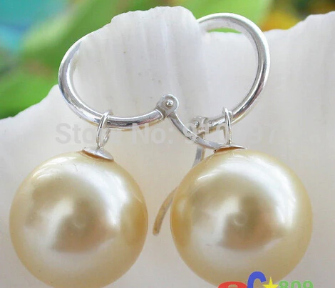 

>>>16MM YELLOW ROUND SHELL PEARL DANGLE EARRING SILVER