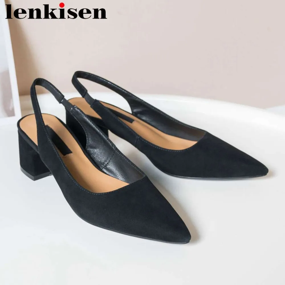 

2019 new arrival genuine leather oxford pointed toe chunky high heels slip on slingback concise design elegant lady shoes L20