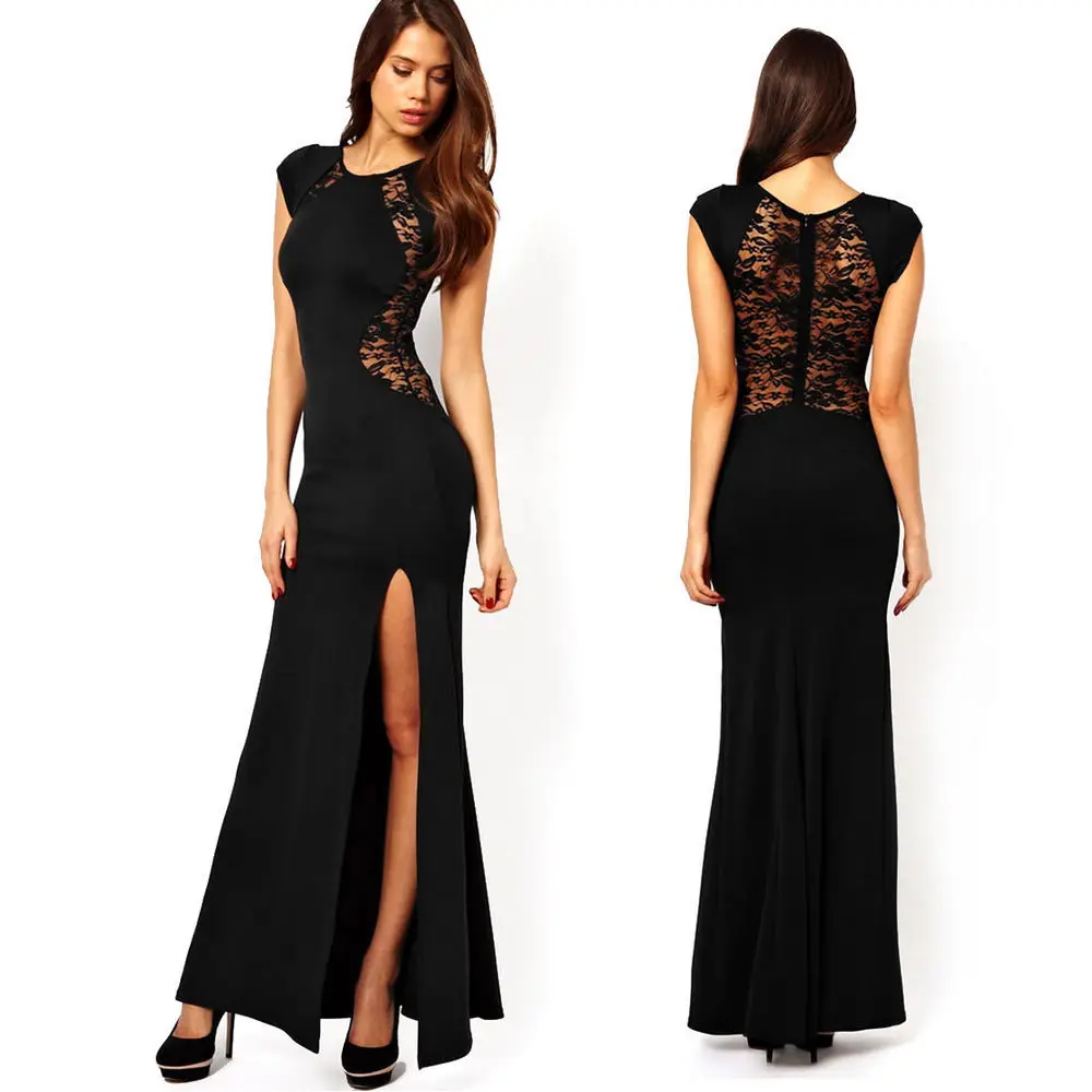 

Fashion Sexy Women Black Lace & Knitting Dress, Patchwork Hollow Back Slim Bodycon Split Side Maxi Casual Long Dress Y50*E1320M5