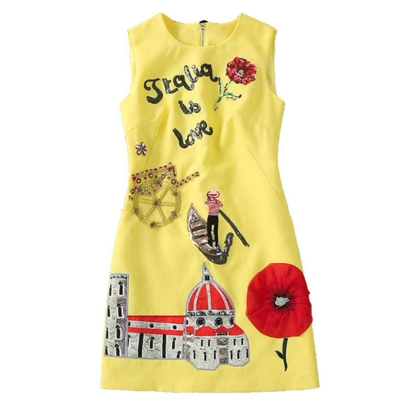 

Women Casual Dress High Quality Runway Summer O-Neck Sleeveless Beading Sequined Back Button A-Line Mini Dress SAD476N