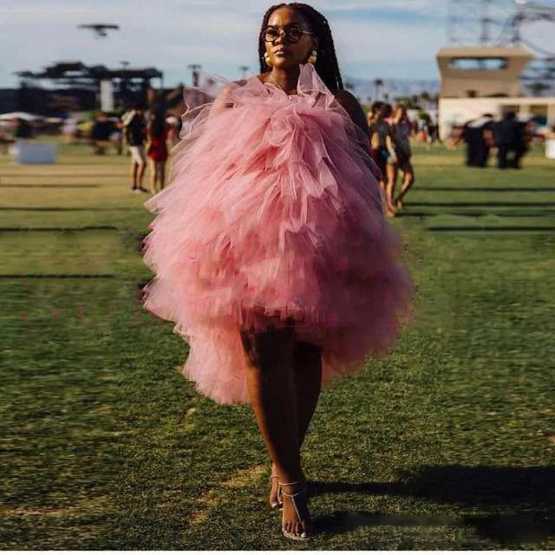 

2019 Chic Blush Tulle High Low Cocktail Dresses Off Shoulder Tiered Ruffles Short Prom Dress Robe De Cocktail Homecoming Gowns