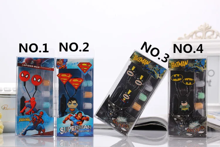 

Newest cartoon batman superman style in-ear earphone spiderman headsets with MIC&retail package for IPHONE 6 for ipad mp3