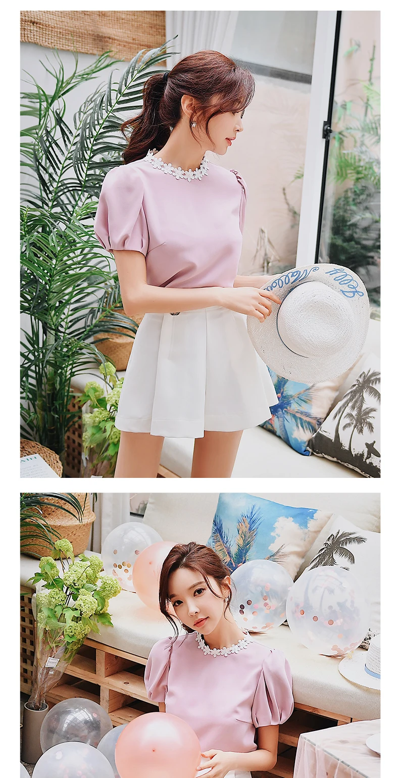 Dabuwawa женская короткая блузка, женская рубашка с О-образным вырезом и рукавом-фонариком, новинка, элегантные топы розового/серого/синего цвета DN1BST013
