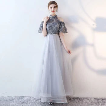 

Hot Sale Spring Ladies Gray Flower Dress Casual Office Business Cheongsam Fashion Stage Show Qipao Sexy Full Length Evening Gown