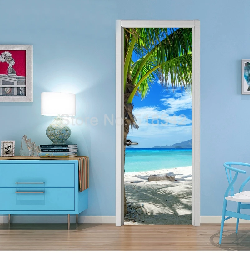 Креативные 3D DIY наклейки на двери домашний Декор наклейки ПВХ самоклеющиеся обои пляж фотография морского побережья фото обои двери Фреска