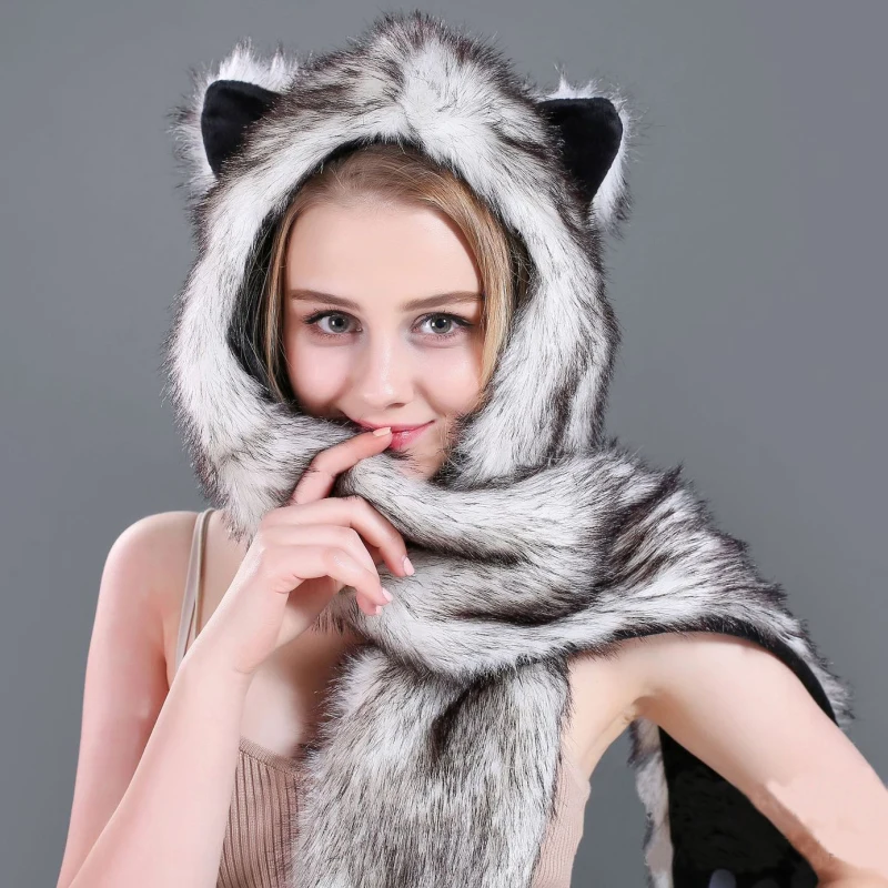 NSH002 животного Шапки Для женщин шарф, шляпа, перчатки набор теплая зима искусственного меха кролика Пушистый Hat Плюшевые Кепки капюшон шарф