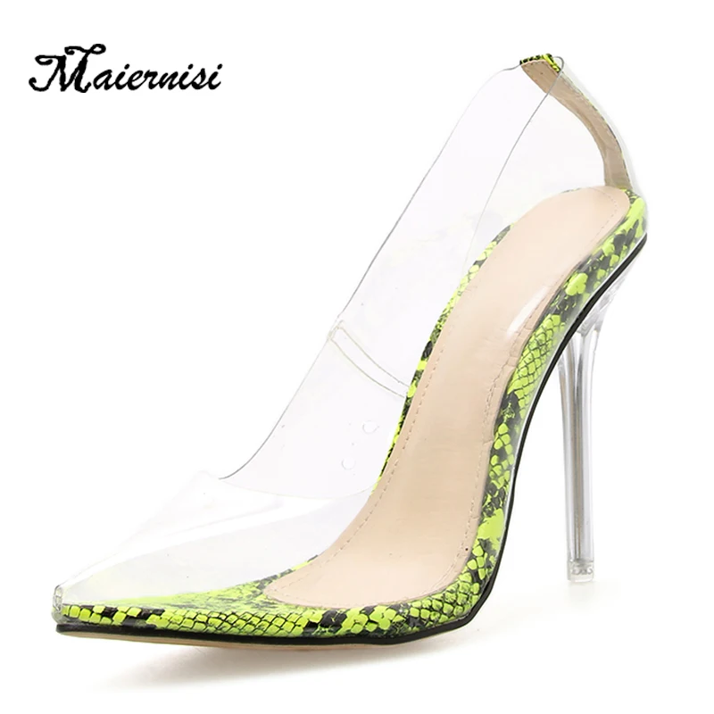 

MAIERNISI PVC Transparent Leopard grain Pumps Heel Stilettos High Heels Womens Party Shoes Nightclub Pump Sandals shoes