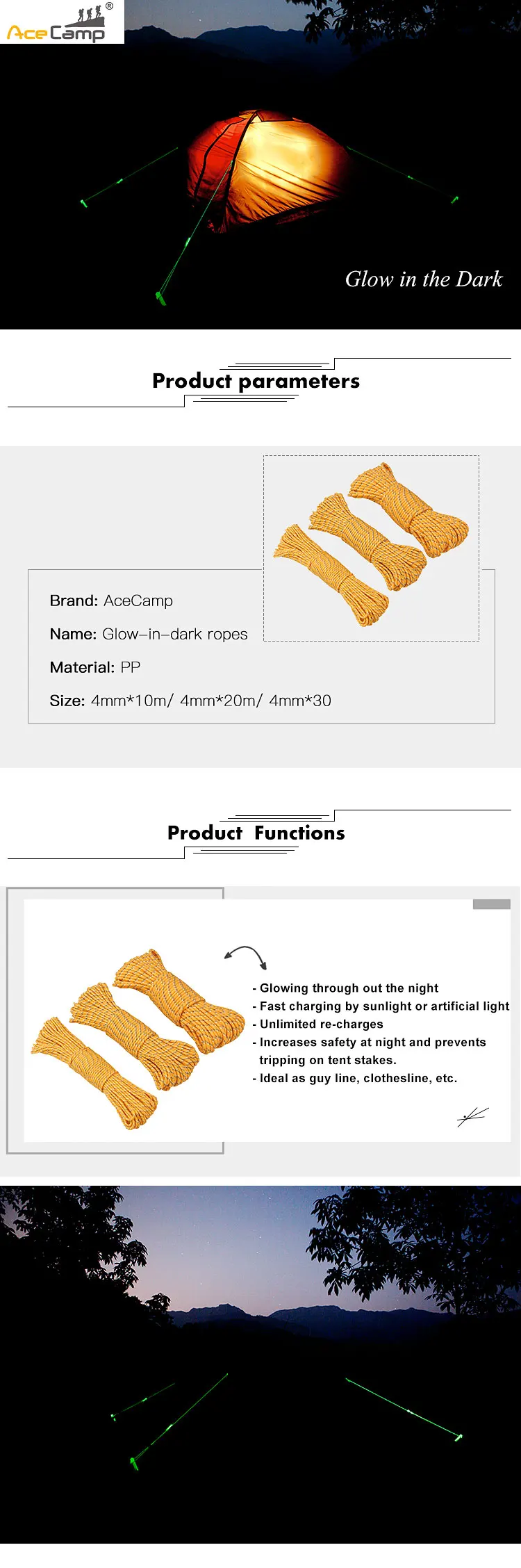 AceCamp 10 м/20 м/30 м(4 мм) веревка для одежды шнур для кемпинга аксессуары для путешествий светящийся фосфоресцирующий светоотражающий Темный в ночное время длинный