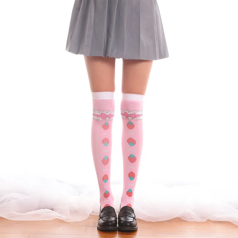 Japanese Cute Maid Cosplay Long Knee Socks Women Strawberry Bow Print