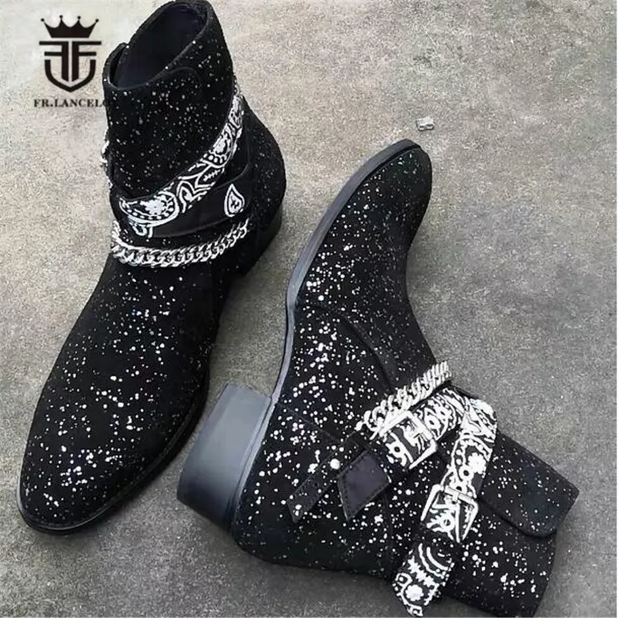 

2019 British Style Handmade real picture wedge high heel 4cm pointed toe bing glitter boots sliver chain men botas buckle b