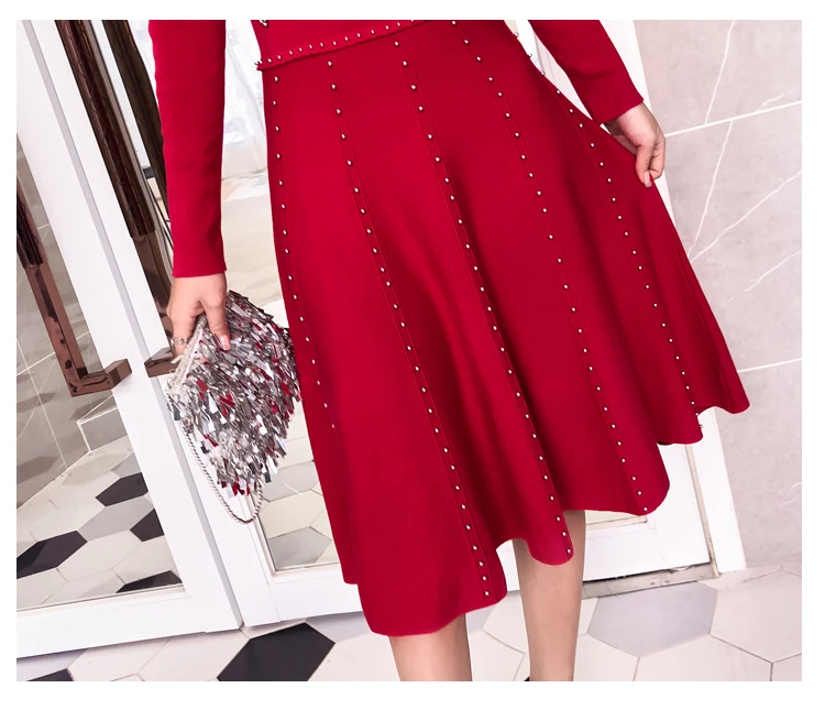 Luxury Goddess Spring Knitted Ball Gown Dress Fashion Women Red Beading Sweater Dress High Quality Elastic Dresses L2825