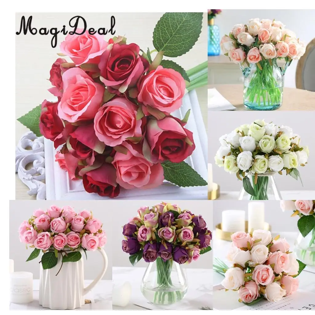 MagiDeal Artificial 12 Branch 25cm Rose Flower Bush Home Decor Wedding Floral Bouquet Potted Table Top Desk Centerpiece