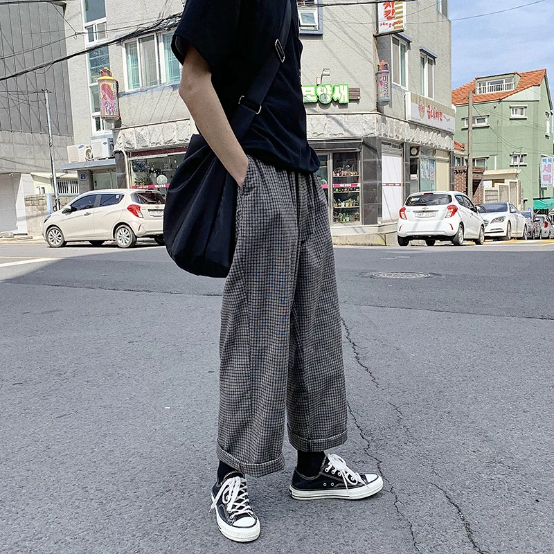 Мужские Слаксы новые летние тонкие однотонные винтажные клетчатые прямые широкие брюки с принтом Повседневная Свободная Молодежная мужская одежда