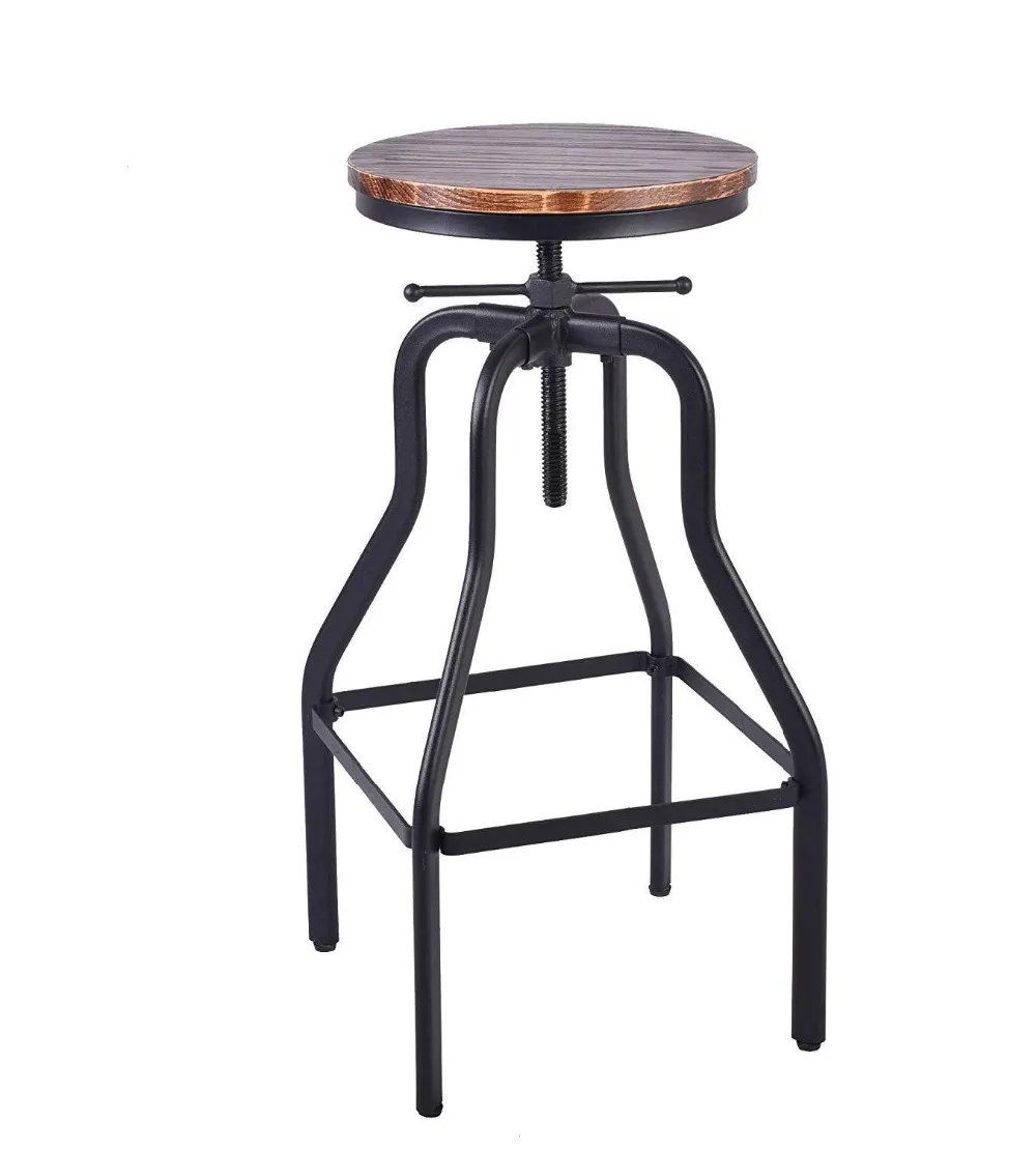 Vintage Bar Stools Industrial Adjustable Height Swivel Natural Pinewood Seat Kitchen Dining Breakfast Chair