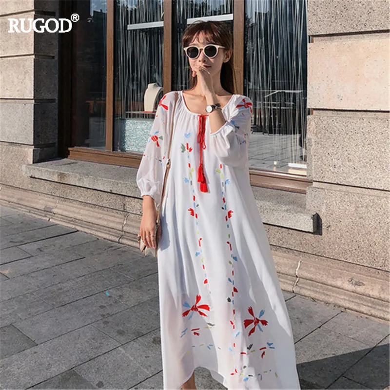 RUGOD модные богемные летние женские с круглым вырезом свободные шифоновые платья винтажные женские тонкие женские vestidos