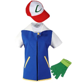 

2019 New Anime Pokemon Cosplay Pocket Monster Ash Ketchum Cosplay Costume Blue Jacket Hat Gloves Full Set Halloween Costumes