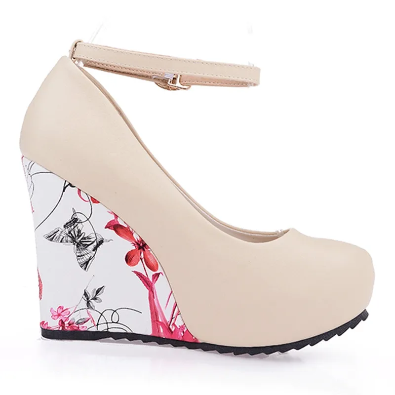KarinLuna large Sizes 34-43 Wedges High Heels Party wedding Pumps shoe Flower Print Platform Ankle-Strap Women Shoes Woman pumps