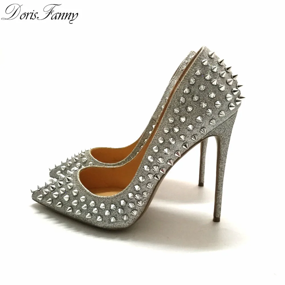DorisFanny Glitter Spikes Rivets Studded Silver Gold High Heels shoes woman 2018 large size 34-45 stiletto shoes