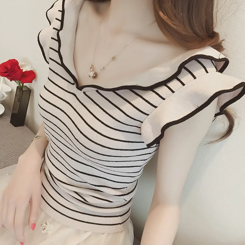 

Women Casual V neck Top Summer Sleeveless Vest Sexy Loose Harajuku T-shirt elegant Black &striped T-Shirt Female G156