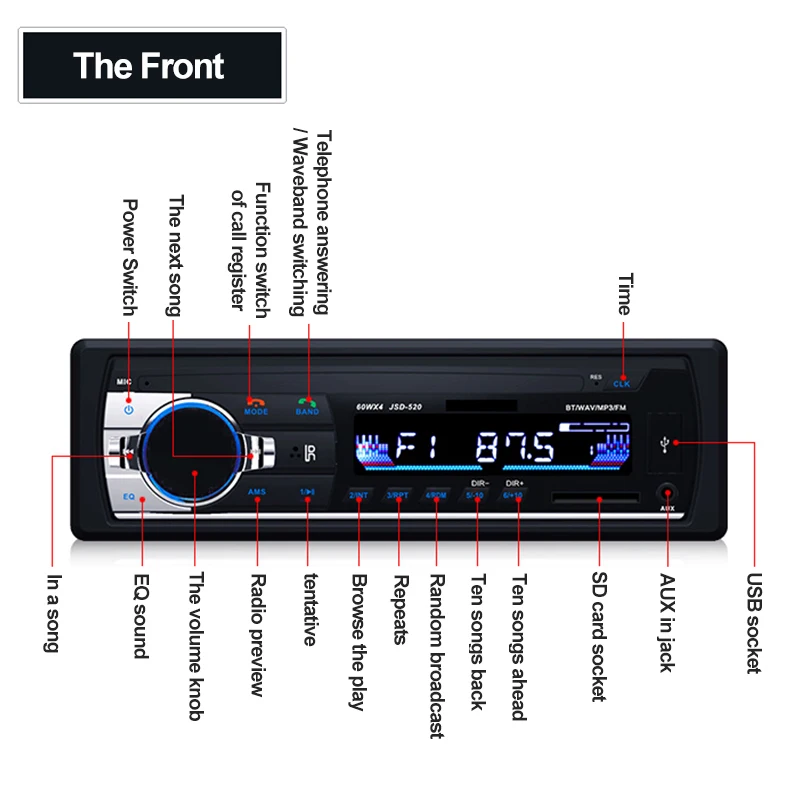 Kebidumei 12 в Bluetooth FM MP3 Радио Аудио плеер 5 в зарядное устройство USB SD AUX Электроника сабвуфер 1 DIN jsd-520 для автомобиля стерео