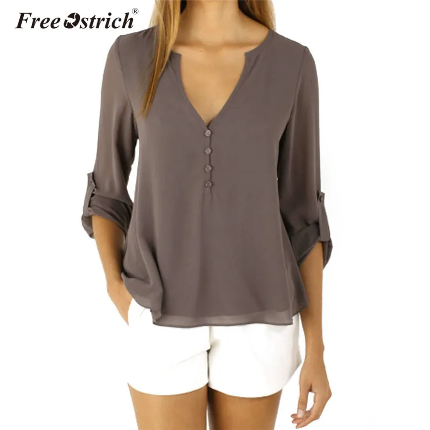 

Free Ostrich Luxury Chiffon Blouse Women Long Sleeve Button Deep V-Neck Loose Women Tops Autumn Spring Casual Plus Size Shirt