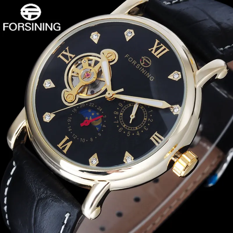 FORSINING luxury brand men mechanical Tourbillon watches leather strap hot fashion men s automatic skeleton gold