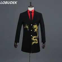 Мужской пиджак, платье, костюмы, черный длинный свадебный костюм жениха, модный приталенный Блейзер с вышивкой, певица, для выпускного вечера