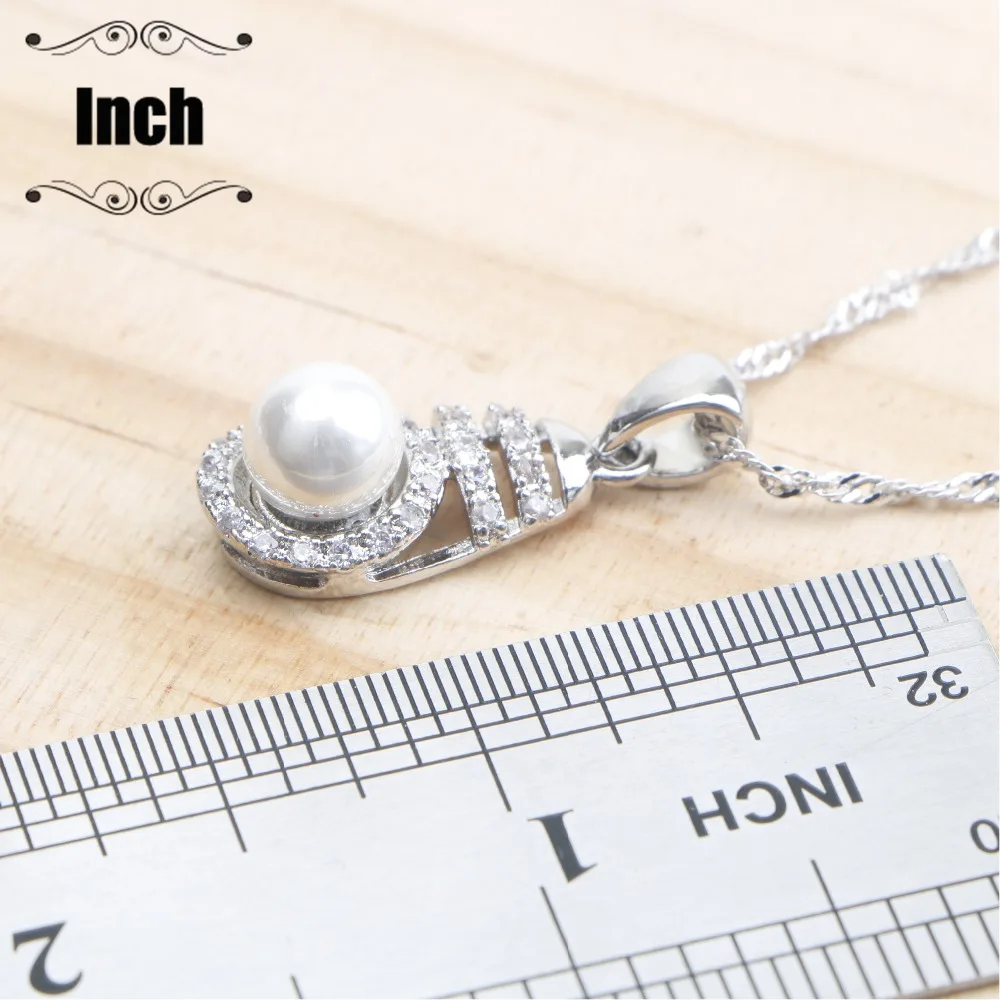 Cena Perłowa dla panny młodej srebro 925 zestawy biżuterii dla kobiet kolczyki kostium biżuteria ślubna perły biały cyrkon wisiorek obrączka naszyjnik zestaw