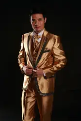 Последние конструкции пальто брюки Итальянский Золотой Атлас мужской костюм Пром куртка смокинг жениха Slim Fit Стиль костюмы на заказ 3