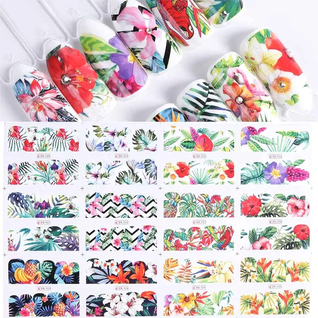 12 Designs Flamingo Water Nail Art Sticker Black Flower Necklace Decal Leaf Beauty Decoration For Nail Manicure Set SABN913-972