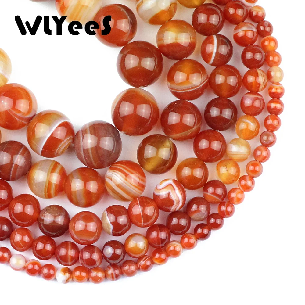 WLYeeS-Bola redonda de cornalina con rayas rojas naturales, cuentas sueltas de 4, 6, 8, 10 y 12mm para joyería, pulsera, pendientes, fabricación de colgantes DIY
