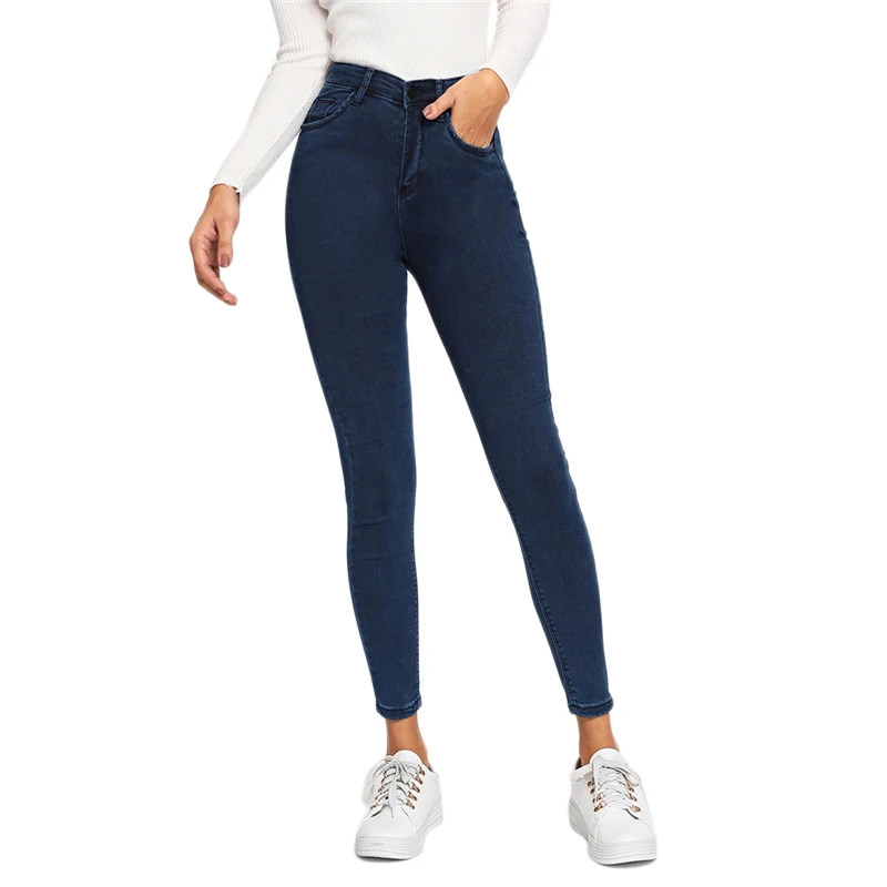 Dotfashion темно-синие простые обтягивающие джинсы для женщин Весна Осень Повседневные Джинсы зауженные брюки с высокой талией джинсовые брюки с пуговицами