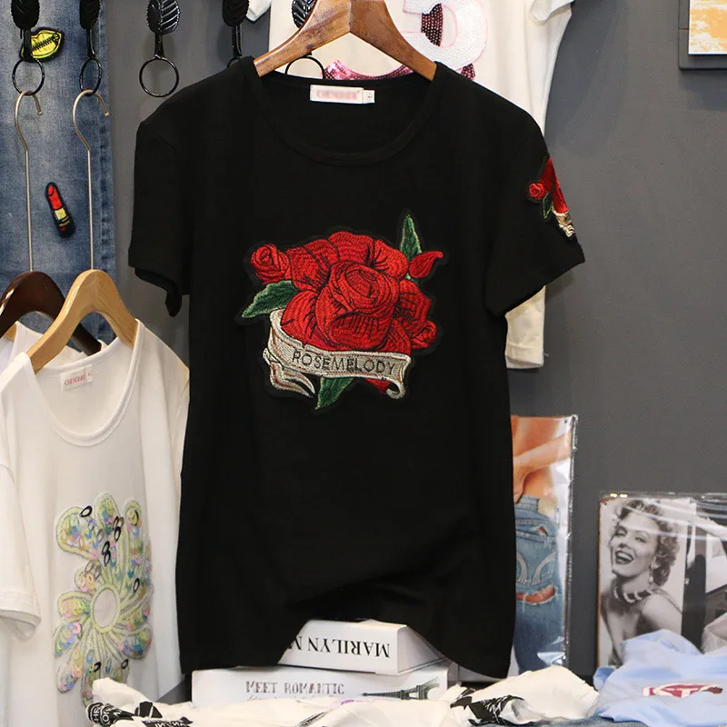 

Rose Embroidered T-shirt woman 2019 sunmer New Short sleeve Pullovers Pure cotton round neck casual loose clothes C1045