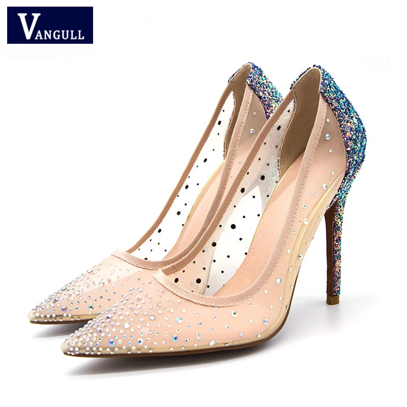 

2019 Summer New Cinderella pointed high heels Women Pumps Leather Rhinestones Wedding Shoes Woman Pointed Toe High Heels Ladies