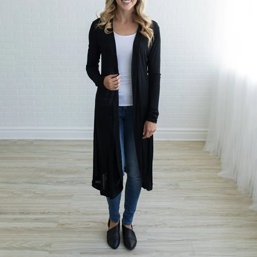 Женское пальто-простой цвет-длинный стильный кардиган с длинными рукавами-тонкий вязаный кардиган Универсальный свитер кардиган пальто весна-лето