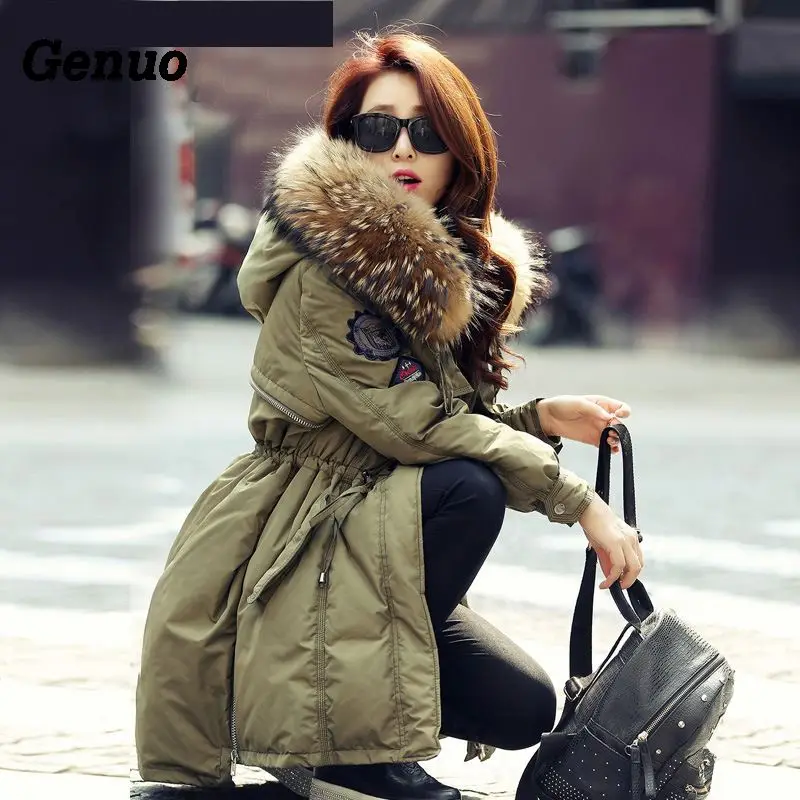 Genuo женское роскошное пальто с меховым воротником и капюшоном, зимнее ...