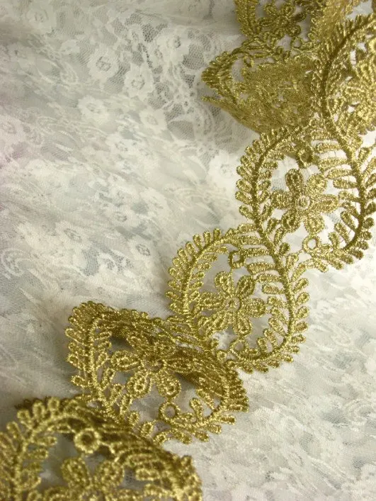 Embroidery Lace Trim Golden Lace Mesh Fabrics for Bridal Wedding Gown