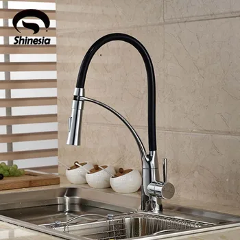 Black and Chrome Finish Kitchen Sink Faucet Deck Mount Pull Out Dual Sprayer Nozzle Hot Cold Mixer Water Taps