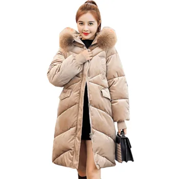 

2018 Winter Women Thicken Pleuche Coat Female Fur Collar Down Wadded Coat Lady Bread Cotton-Padded Jacket Hooded Long Parka F732