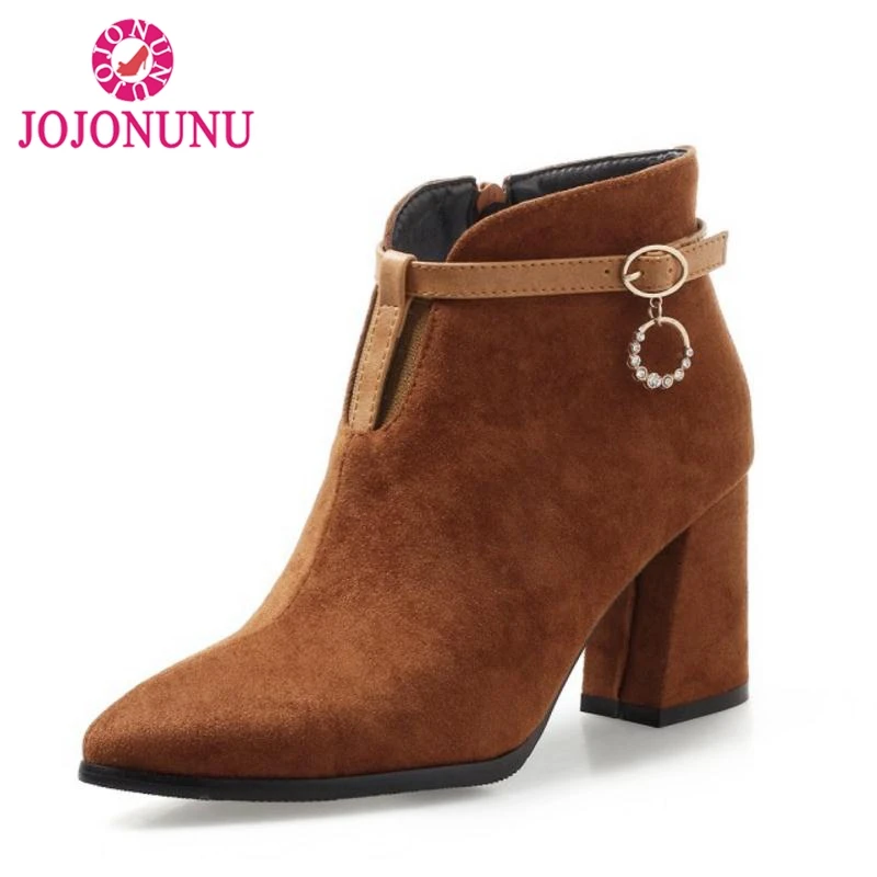 

FITWEE Size 32-47 Woman High Heel Boots Zipper Pointed Toe Metal Buckle Zipper Ankle Boots Woman Mature Shoes Ladies Footwear