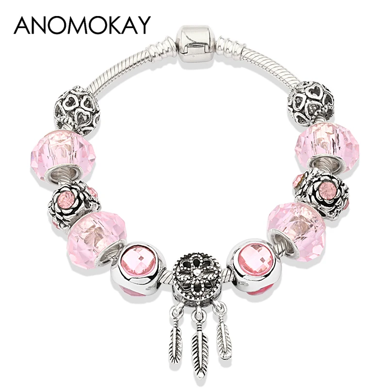 Anomokay Cute Pink Crystal Pandora Charm Bracelet & Bangle Antique Silver Dreamcatcher Flower