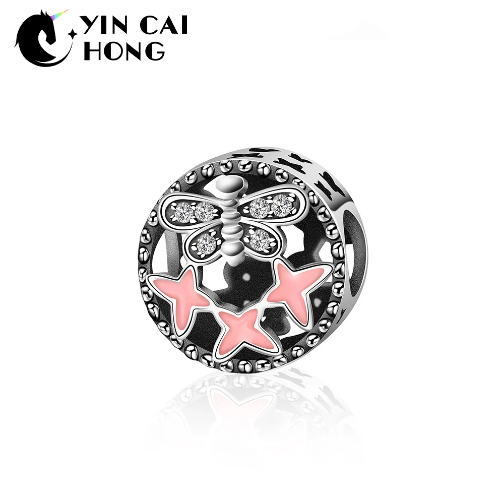 

YCH 2019 DIY New 925 Sterling Silver Round Hollow Charm Bracelet Carving Pink Butterfly Zircon Gift Beads for Jewelry Making