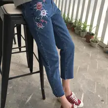 Весна и Осень Винтаж Харадзюку Высокая талия Роза джинсы с цветочной вышивкой брюки